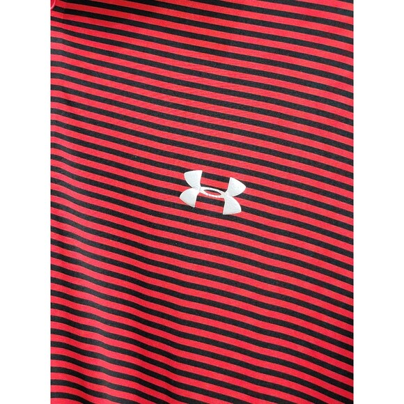 ALK Men's XL Under Armour ColdBlack Heatgear Red Black Striped Golf Polo Shirt - Picture 2 of 10